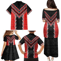 Red Niho Taniwha Mix Poutama Family Matching Puletasi and Hawaiian Shirt Unique Taniko Aotearoa