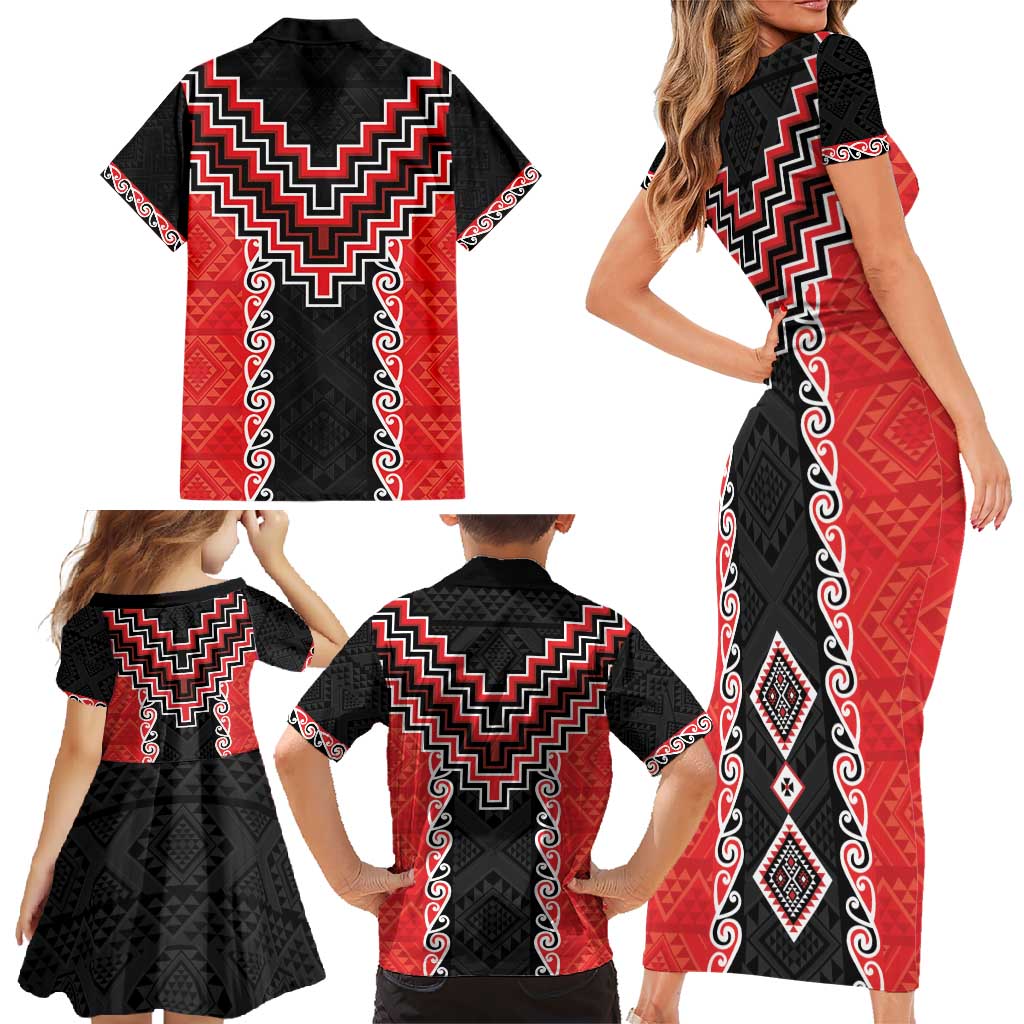 Red Niho Taniwha Mix Poutama Family Matching Short Sleeve Bodycon Dress and Hawaiian Shirt Unique Taniko Aotearoa LT01 - Polynesian Pride