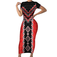Red Niho Taniwha Mix Poutama Family Matching Short Sleeve Bodycon Dress and Hawaiian Shirt Unique Taniko Aotearoa LT01 Mom's Dress Red - Polynesian Pride