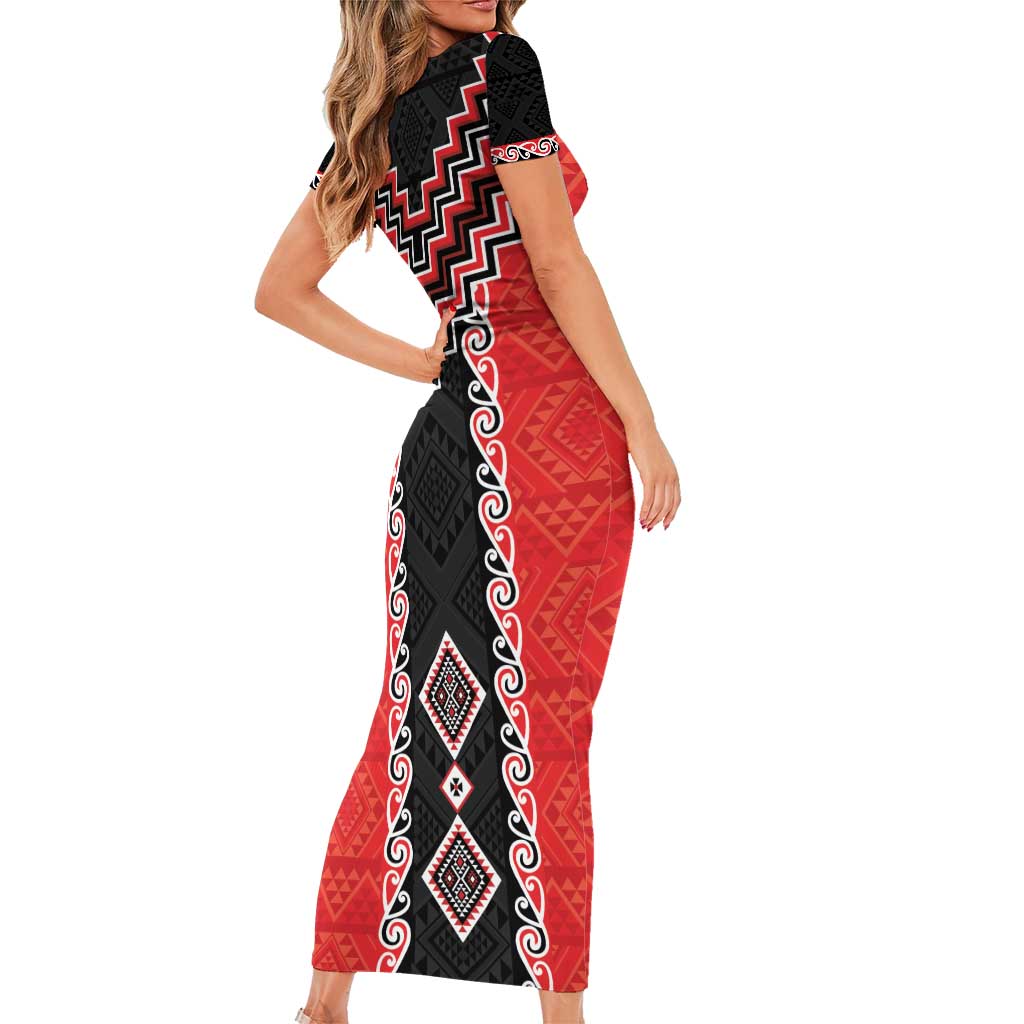 Red Niho Taniwha Mix Poutama Family Matching Short Sleeve Bodycon Dress and Hawaiian Shirt Unique Taniko Aotearoa LT01 - Polynesian Pride