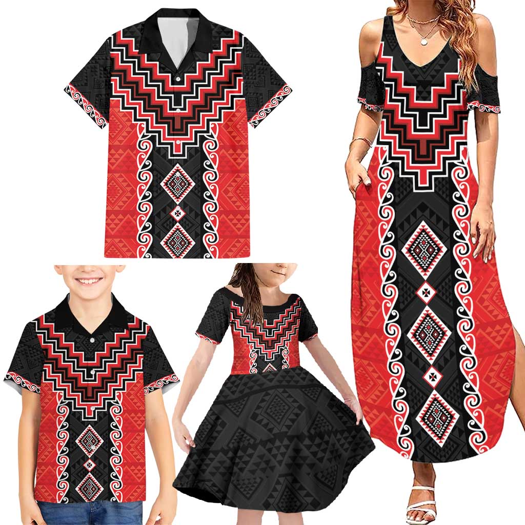 Red Niho Taniwha Mix Poutama Family Matching Summer Maxi Dress and Hawaiian Shirt Unique Taniko Aotearoa LT01 - Polynesian Pride
