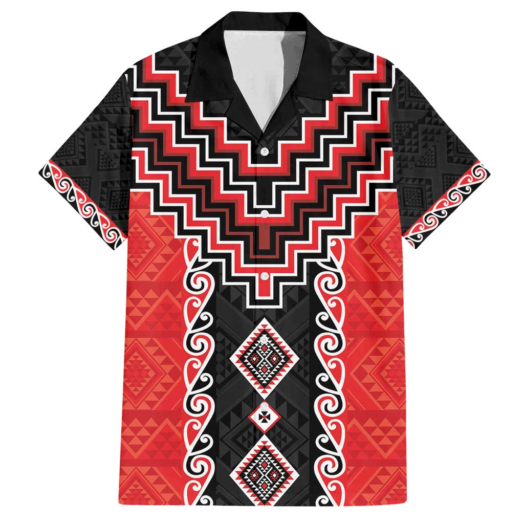 Red Niho Taniwha Mix Poutama Family Matching Summer Maxi Dress and Hawaiian Shirt Unique Taniko Aotearoa