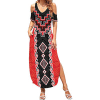 Red Niho Taniwha Mix Poutama Family Matching Summer Maxi Dress and Hawaiian Shirt Unique Taniko Aotearoa
