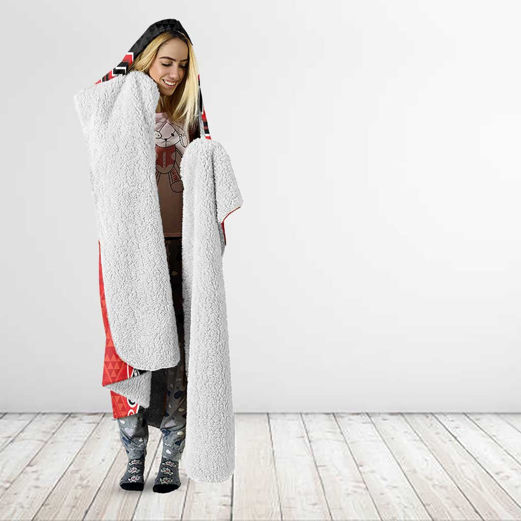 Red Niho Taniwha Mix Poutama Hooded Blanket Unique Taniko Aotearoa