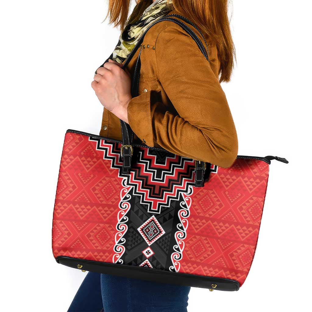 Red Niho Taniwha Mix Poutama Leather Tote Bag Unique Taniko Aotearoa