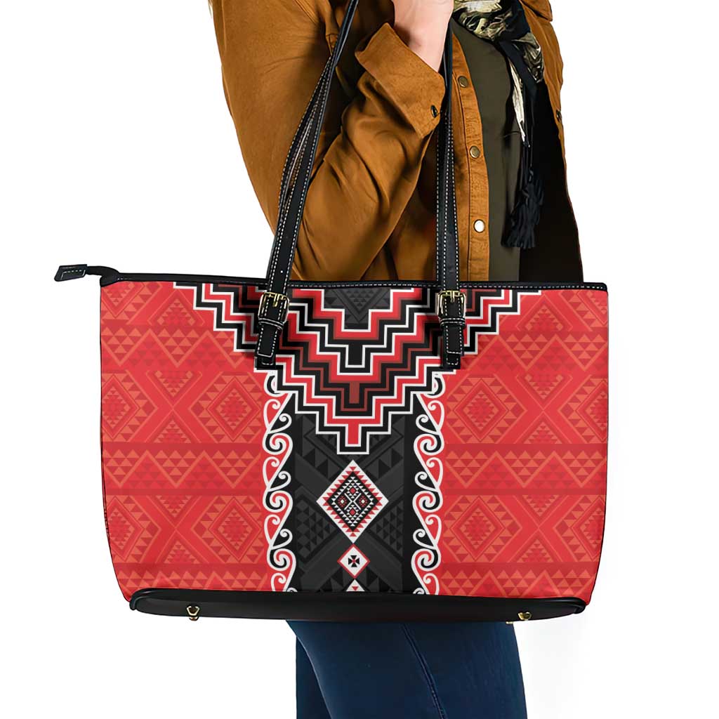 Red Niho Taniwha Mix Poutama Leather Tote Bag Unique Taniko Aotearoa