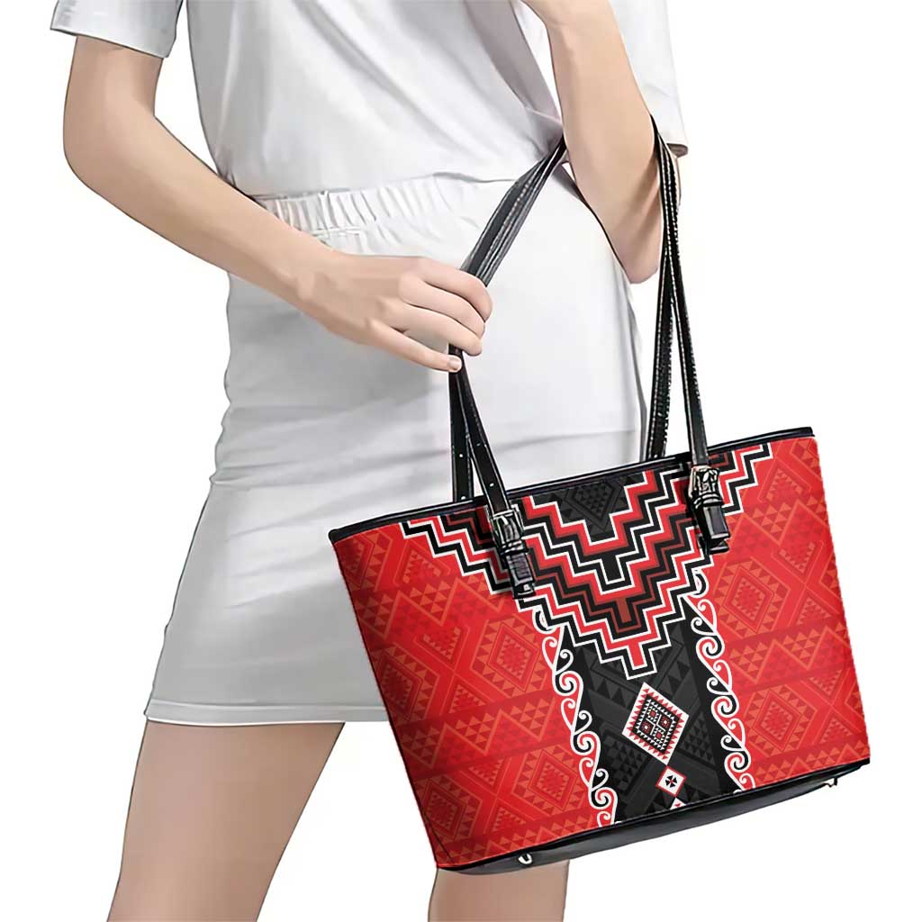 Red Niho Taniwha Mix Poutama Leather Tote Bag Unique Taniko Aotearoa