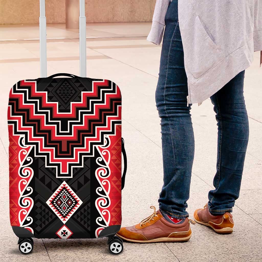 Red Niho Taniwha Mix Poutama Luggage Cover Unique Taniko Aotearoa LT01 Red - Polynesian Pride