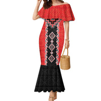 Red Niho Taniwha Mix Poutama Mermaid Dress Unique Taniko Aotearoa