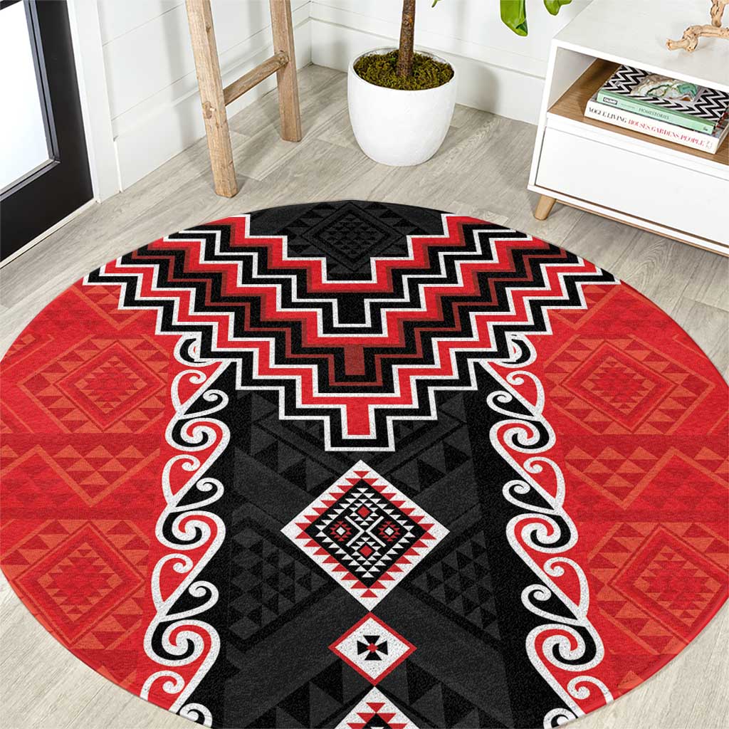 Red Niho Taniwha Mix Poutama Round Carpet Unique Taniko Aotearoa LT01 Red - Polynesian Pride