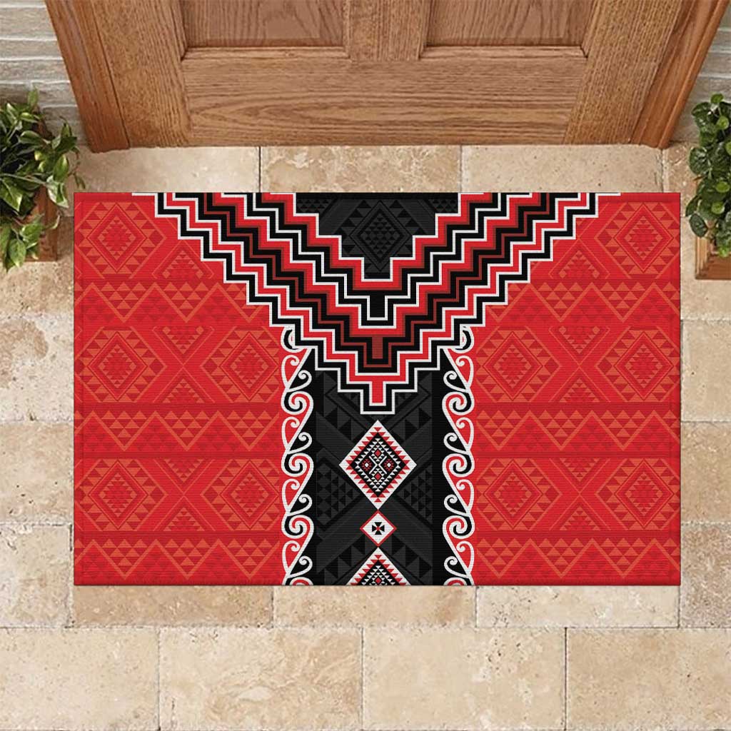 Red Niho Taniwha Mix Poutama Rubber Doormat Unique Taniko Aotearoa LT01 Red - Polynesian Pride