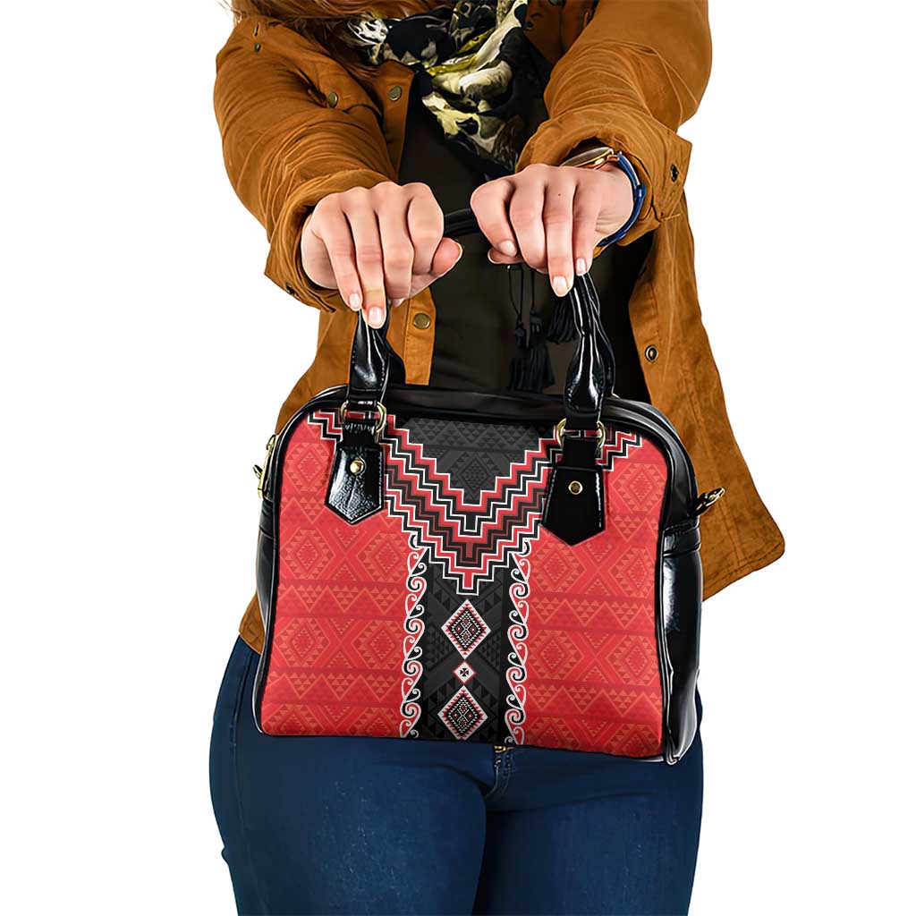 Red Niho Taniwha Mix Poutama Shoulder Handbag Unique Taniko Aotearoa LT01 One Size Red - Polynesian Pride