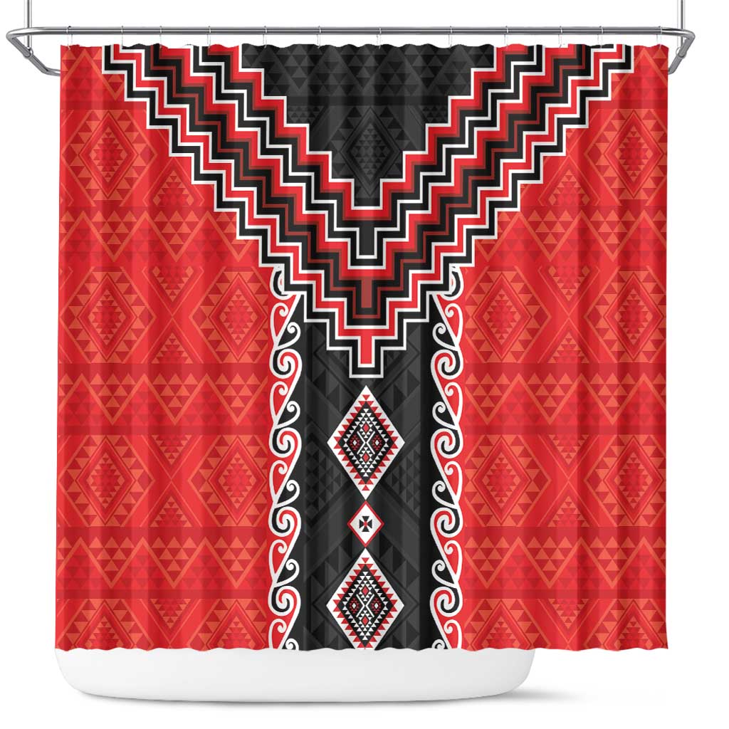 Red Niho Taniwha Mix Poutama Shower Curtain Unique Taniko Aotearoa LT01 Red - Polynesian Pride