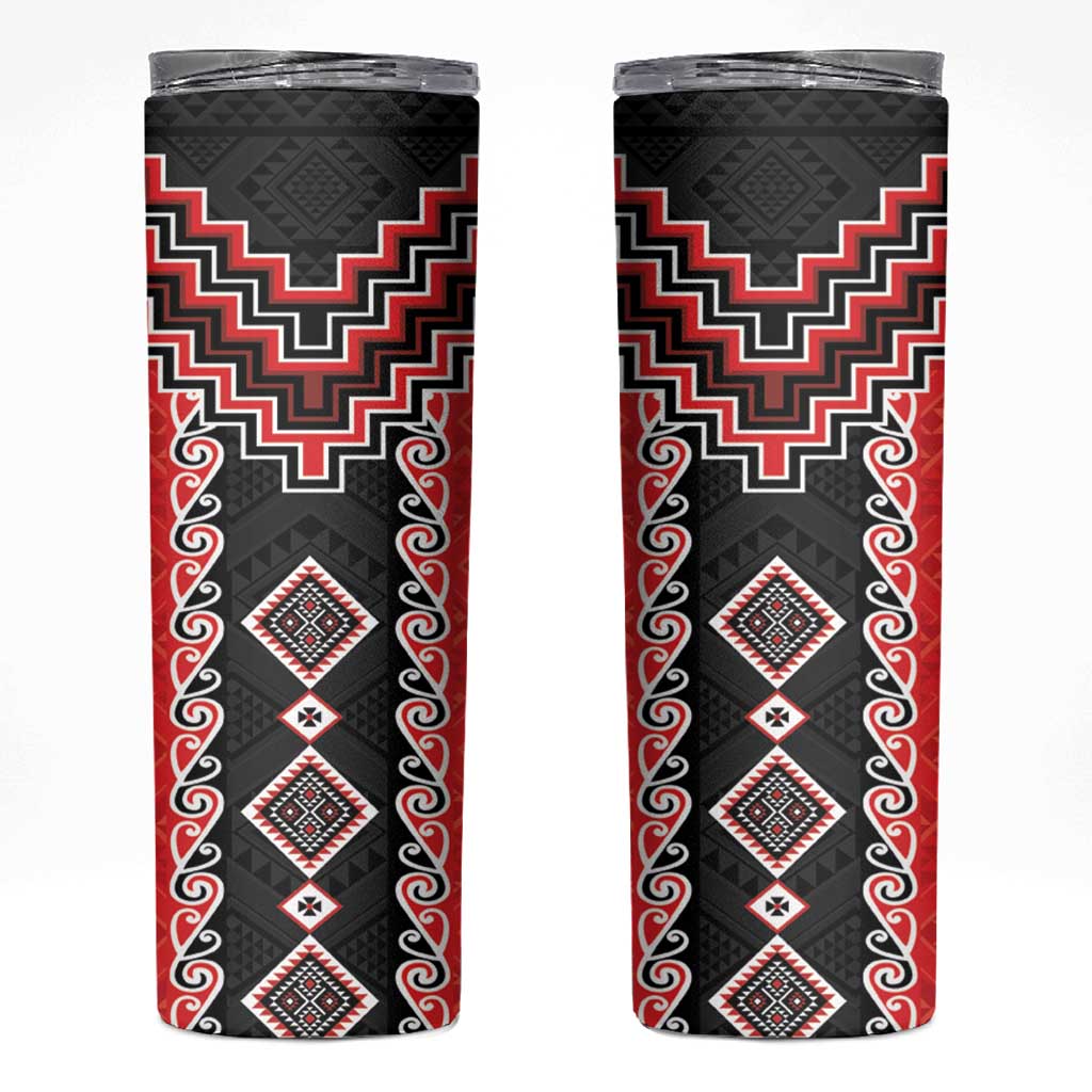 Red Niho Taniwha Mix Poutama Skinny Tumbler Unique Taniko Aotearoa LT01 Red - Polynesian Pride