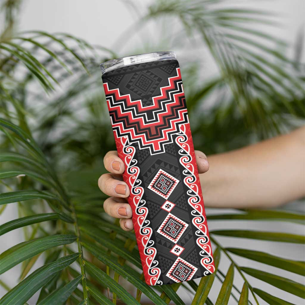 Red Niho Taniwha Mix Poutama Skinny Tumbler Unique Taniko Aotearoa LT01 - Polynesian Pride