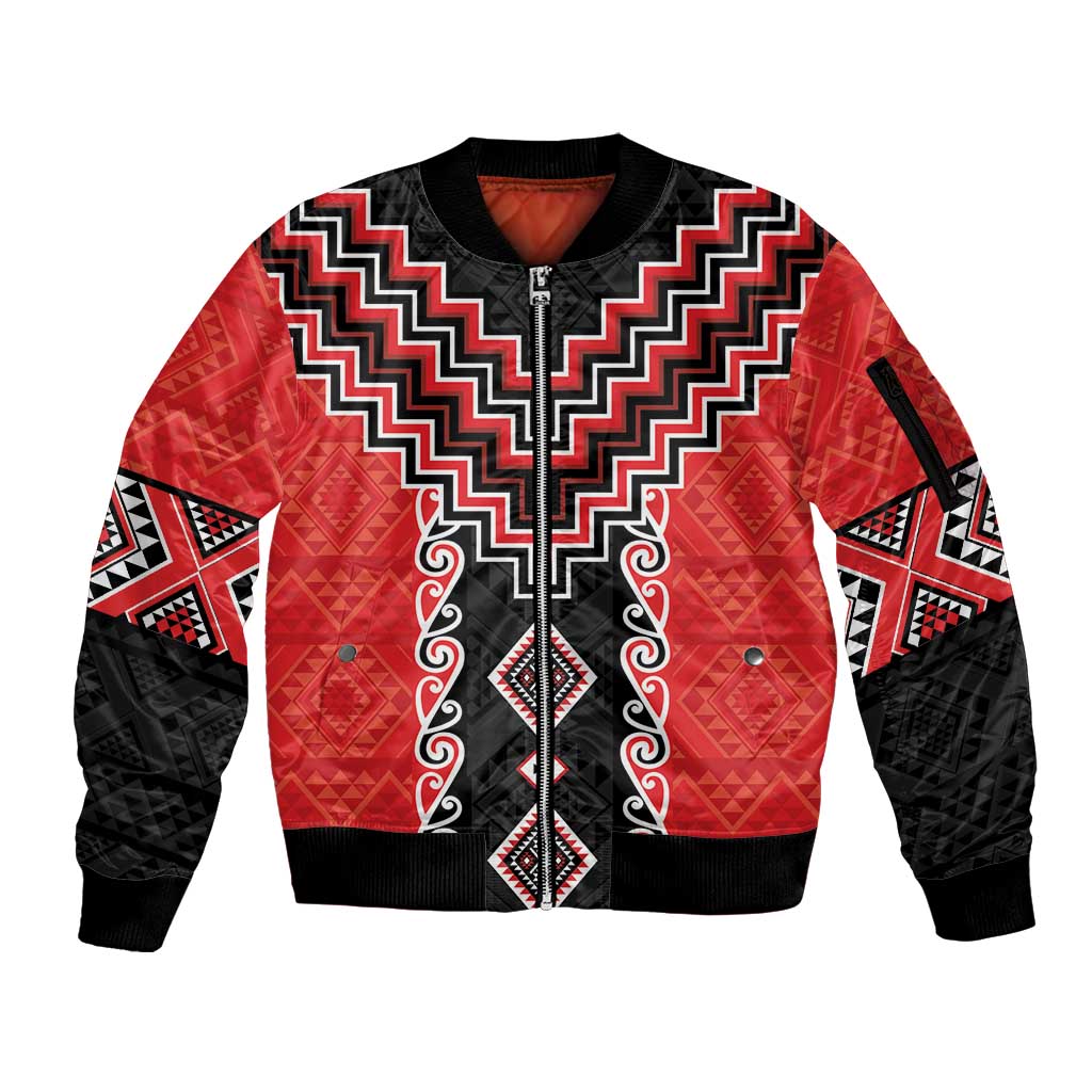 Red Niho Taniwha Mix Poutama Sleeve Zip Bomber Jacket Unique Taniko Aotearoa LT01 Unisex Red - Polynesian Pride