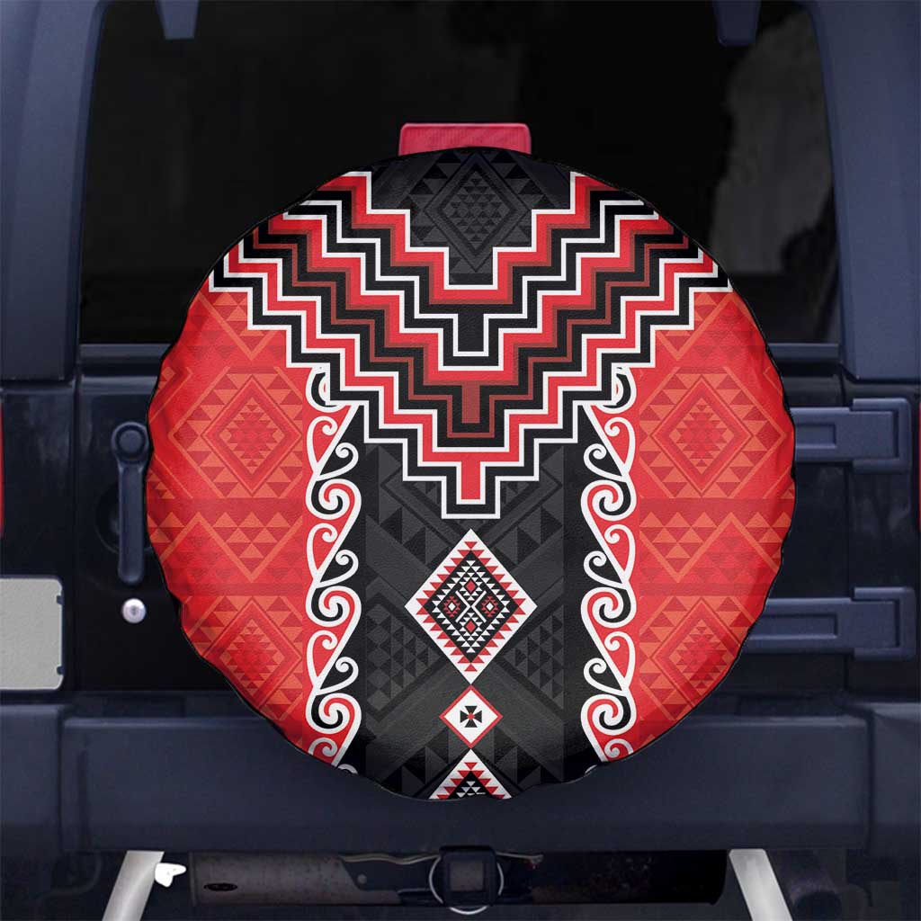 Red Niho Taniwha Mix Poutama Spare Tire Cover Unique Taniko Aotearoa LT01 No hole Red - Polynesian Pride