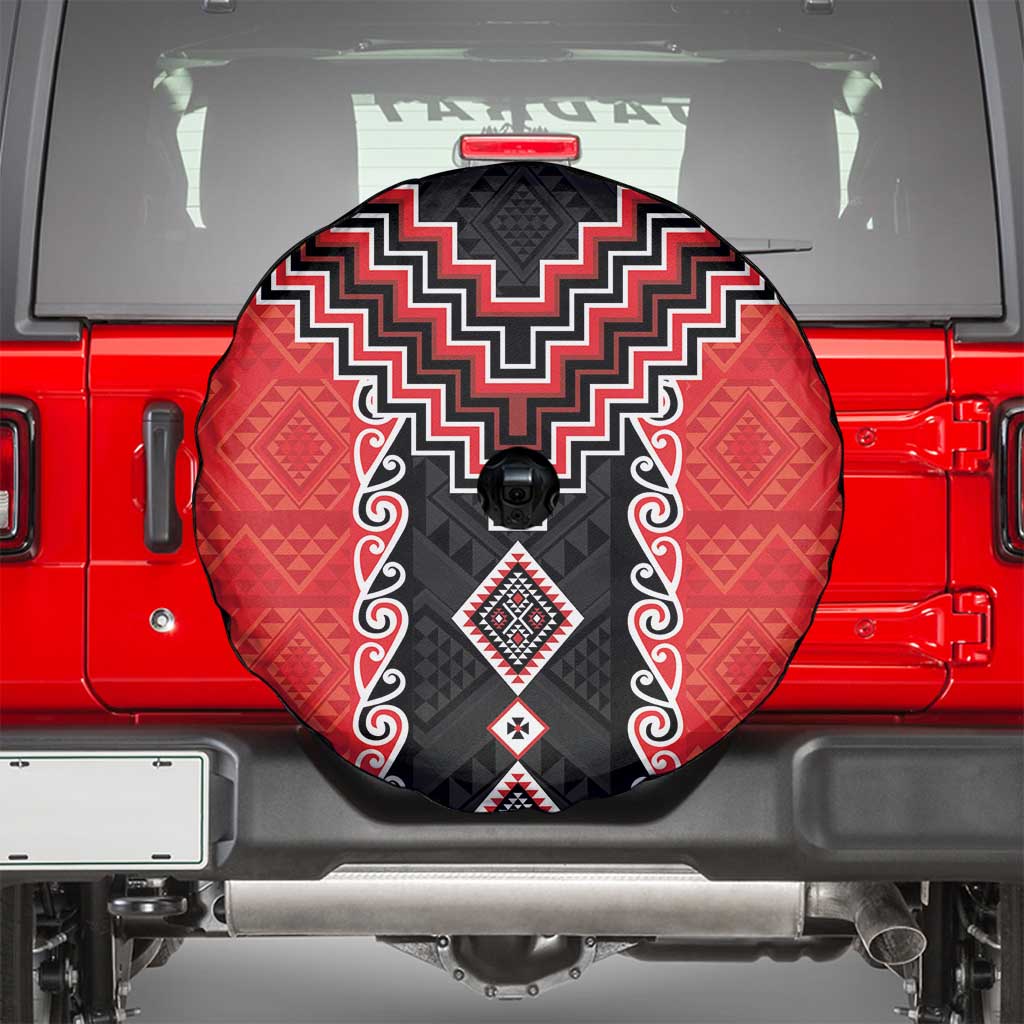 Red Niho Taniwha Mix Poutama Spare Tire Cover Unique Taniko Aotearoa LT01 - Polynesian Pride
