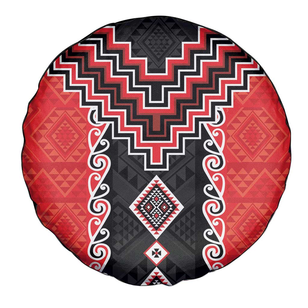 Red Niho Taniwha Mix Poutama Spare Tire Cover Unique Taniko Aotearoa LT01 - Polynesian Pride