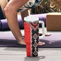 Red Niho Taniwha Mix Poutama Tumbler With Handle Unique Taniko Aotearoa