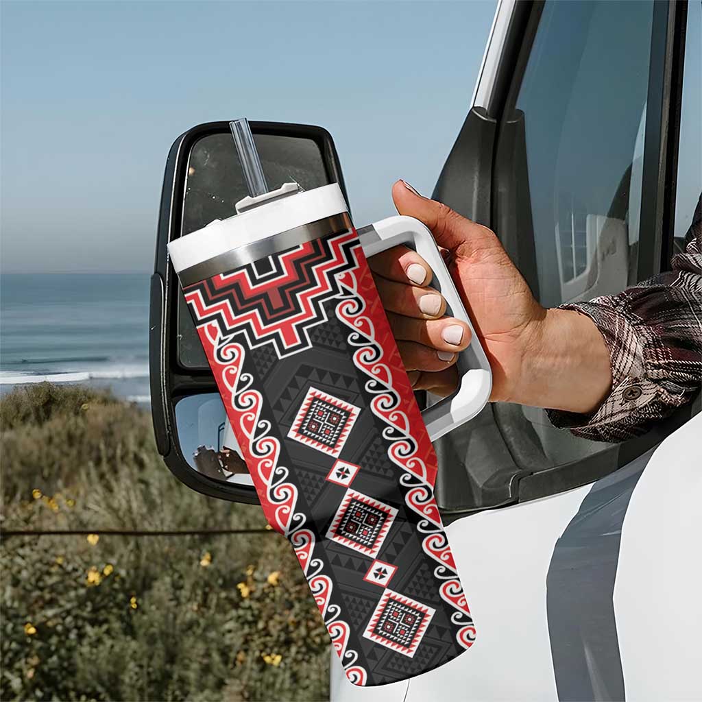 Red Niho Taniwha Mix Poutama Tumbler With Handle Unique Taniko Aotearoa