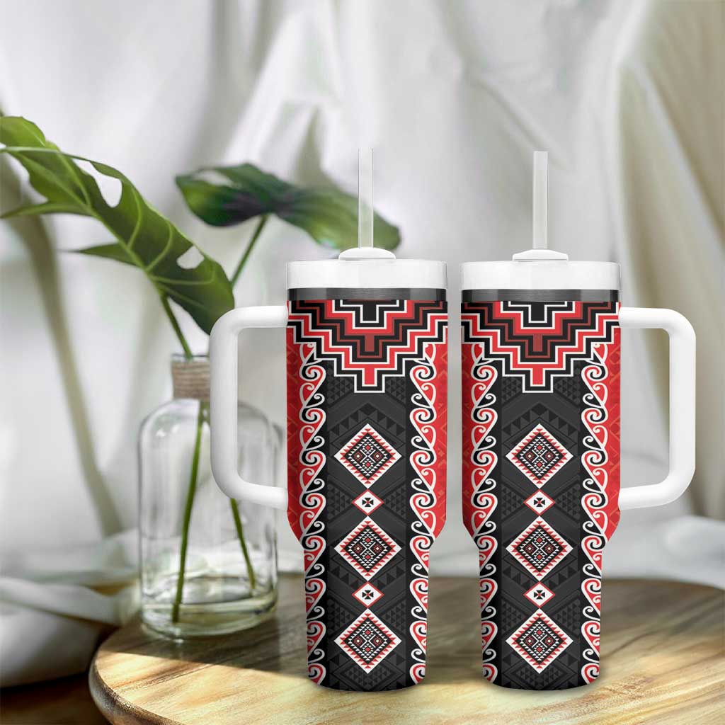 Red Niho Taniwha Mix Poutama Tumbler With Handle Unique Taniko Aotearoa