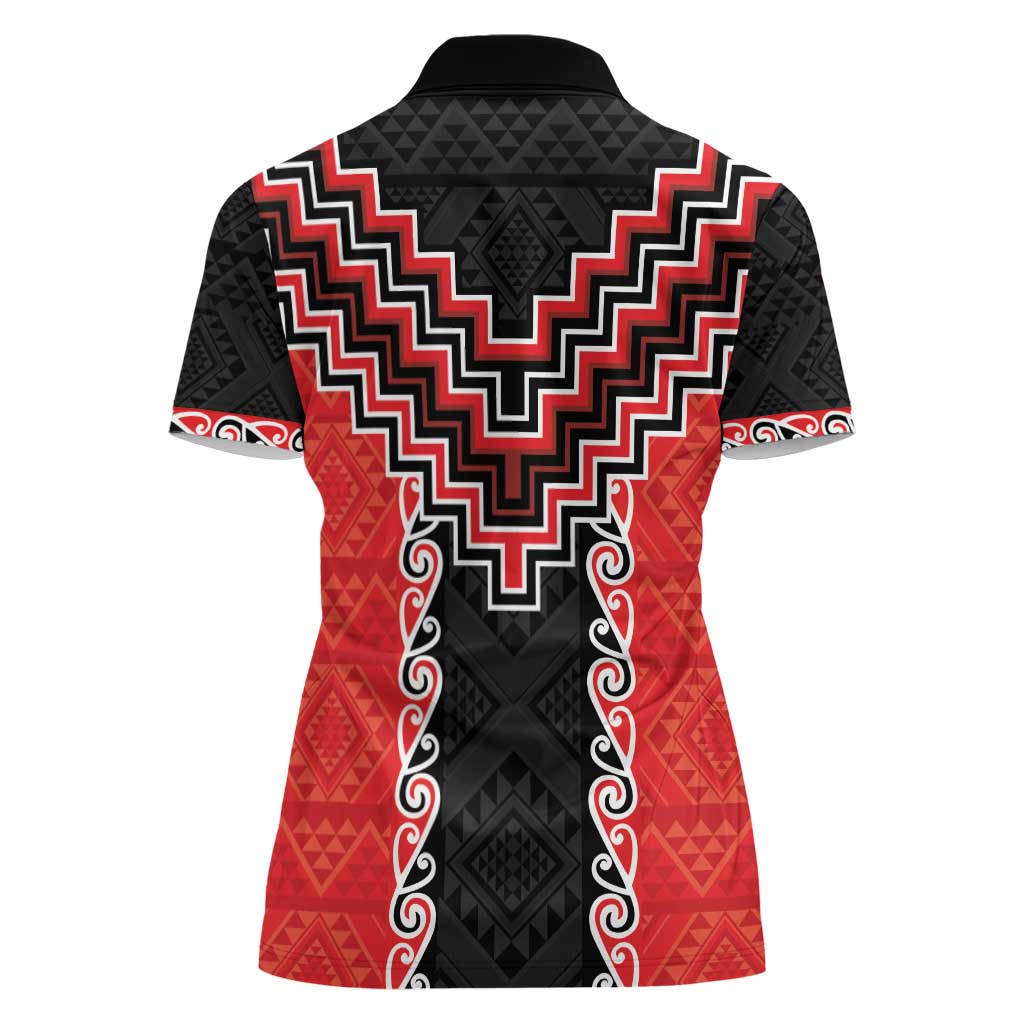 Red Niho Taniwha Mix Poutama Women Polo Shirt Unique Taniko Aotearoa LT01 - Polynesian Pride