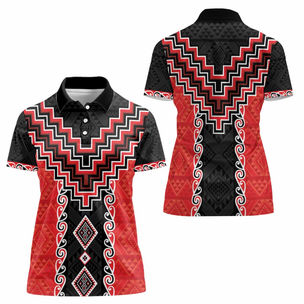 Red Niho Taniwha Mix Poutama Women Polo Shirt Unique Taniko Aotearoa LT01 - Polynesian Pride