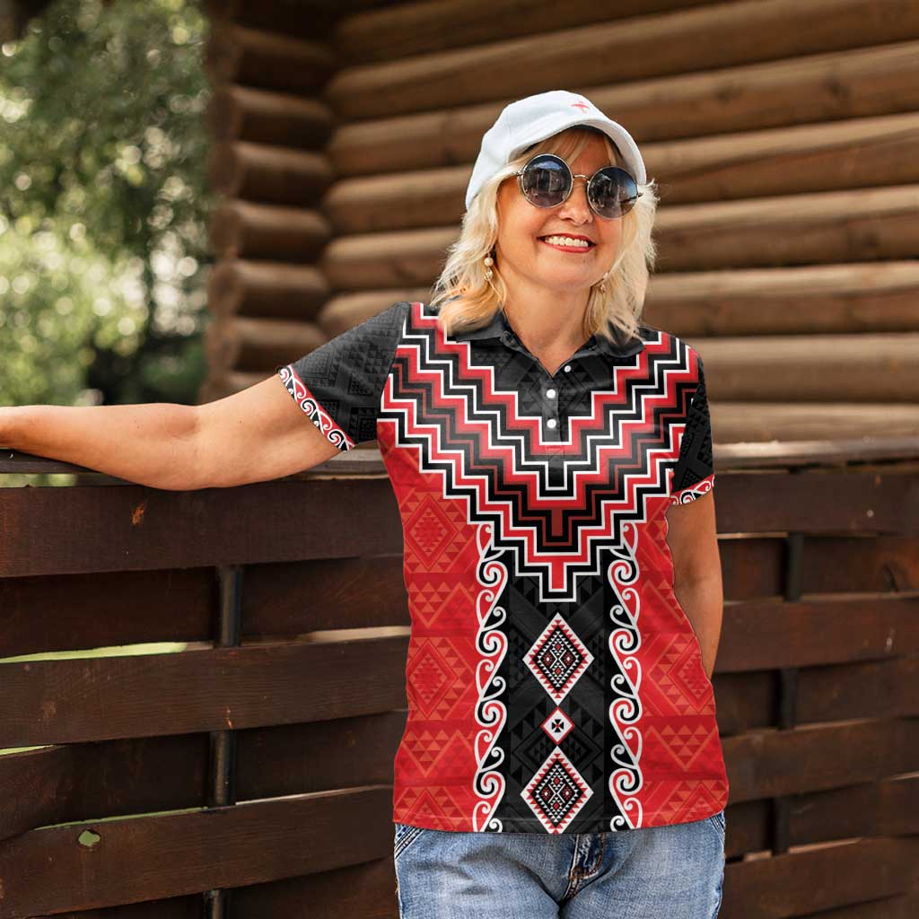 Red Niho Taniwha Mix Poutama Women Polo Shirt Unique Taniko Aotearoa LT01 - Polynesian Pride