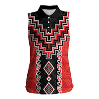 Red Niho Taniwha Mix Poutama Women Sleeveless Polo Shirt Unique Taniko Aotearoa