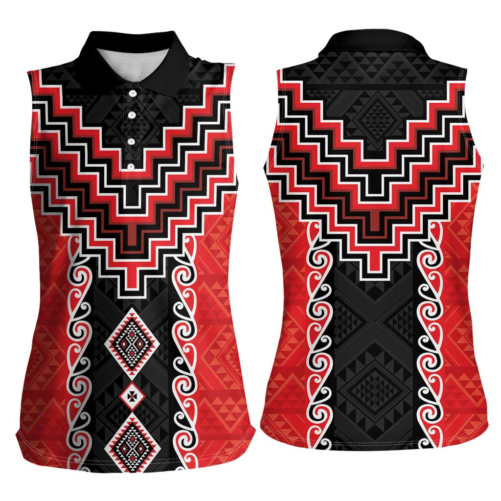 Red Niho Taniwha Mix Poutama Women Sleeveless Polo Shirt Unique Taniko Aotearoa