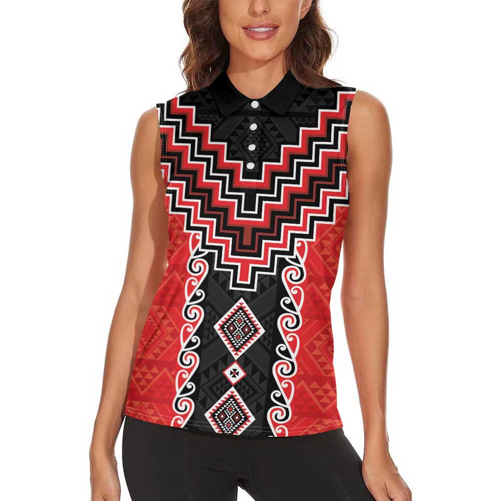 Red Niho Taniwha Mix Poutama Women Sleeveless Polo Shirt Unique Taniko Aotearoa