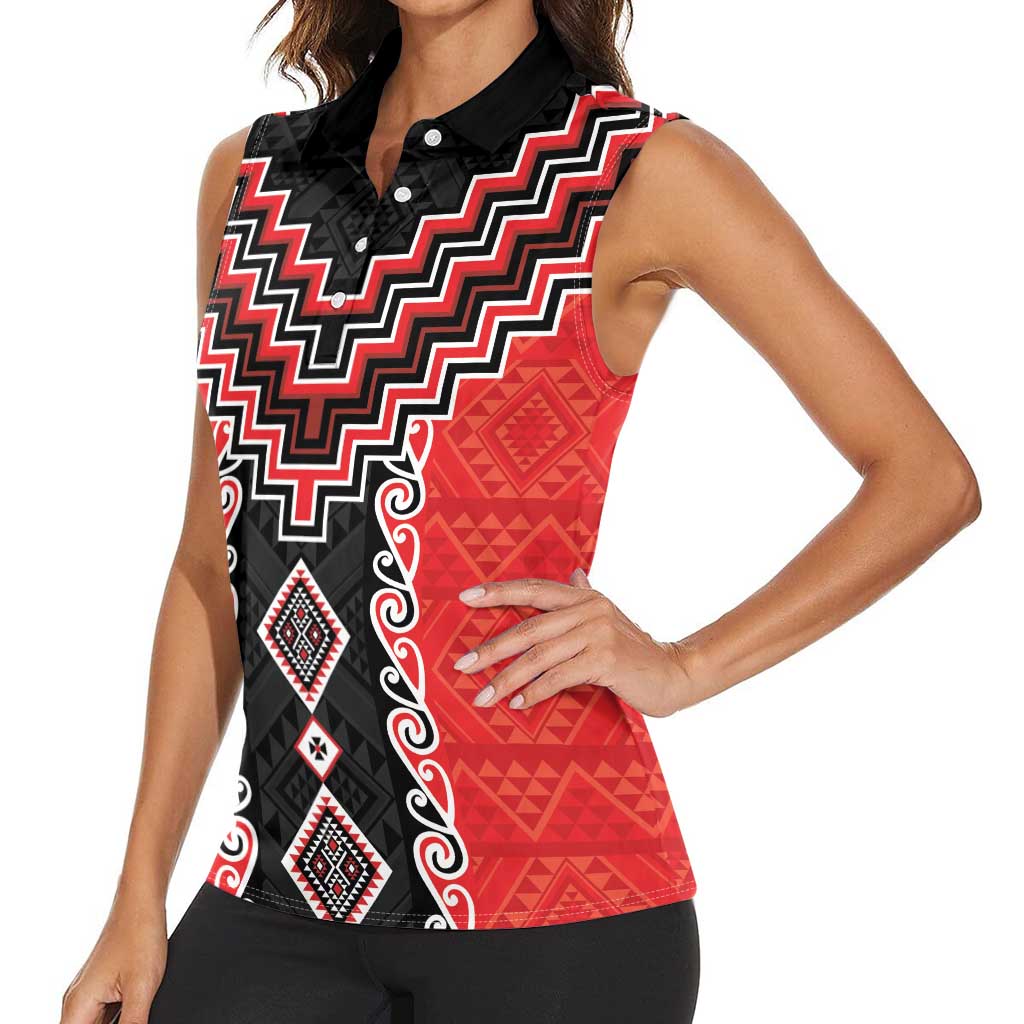 Red Niho Taniwha Mix Poutama Women Sleeveless Polo Shirt Unique Taniko Aotearoa