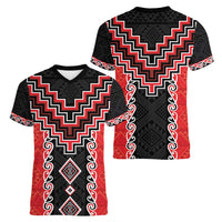 Red Niho Taniwha Mix Poutama Women V-Neck T-Shirt Unique Taniko Aotearoa