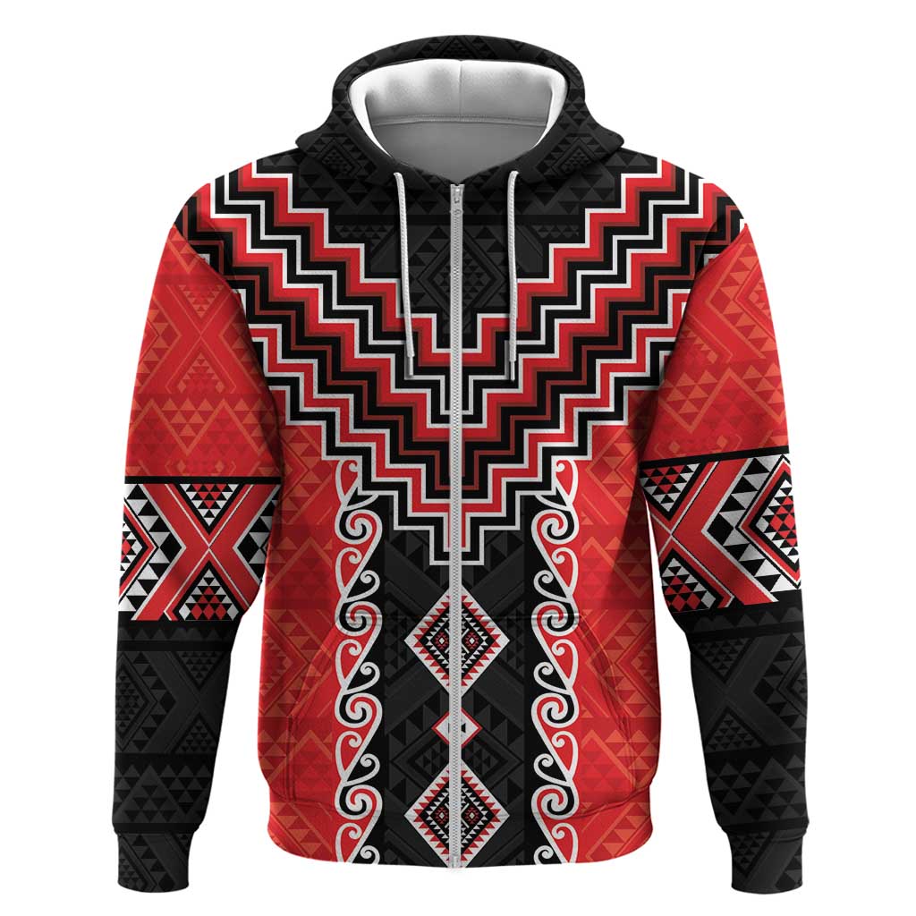 Red Niho Taniwha Mix Poutama Zip Hoodie Unique Taniko Aotearoa LT01 Zip Hoodie Red - Polynesian Pride