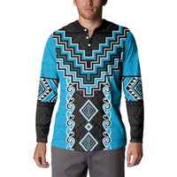 Sky Blue Niho Taniwha Mix Poutama Button Sweatshirt Unique Taniko Aotearoa