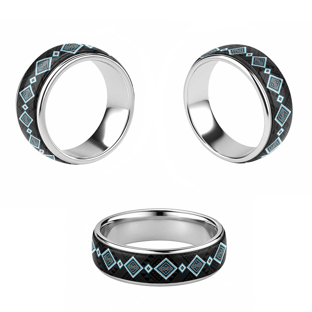 Sky Blue Niho Taniwha Mix Poutama Classic Ring Unique Taniko Aotearoa - Polynesian Pride