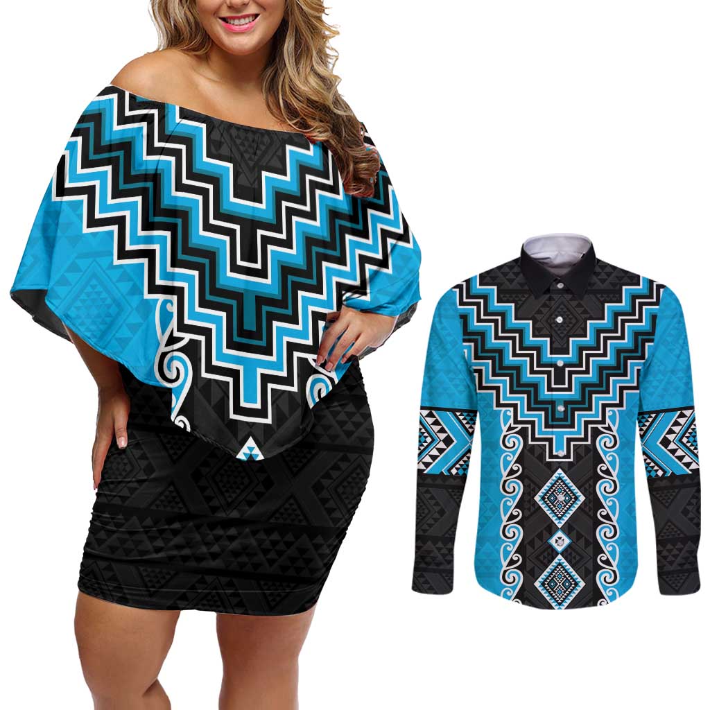 Sky Blue Niho Taniwha Mix Poutama Couples Matching Off Shoulder Short Dress and Long Sleeve Button Shirt Unique Taniko Aotearoa