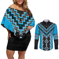 Sky Blue Niho Taniwha Mix Poutama Couples Matching Off Shoulder Short Dress and Long Sleeve Button Shirt Unique Taniko Aotearoa