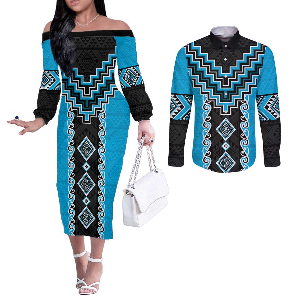 Sky Blue Niho Taniwha Mix Poutama Couples Matching Off The Shoulder Long Sleeve Dress and Long Sleeve Button Shirt Unique Taniko Aotearoa