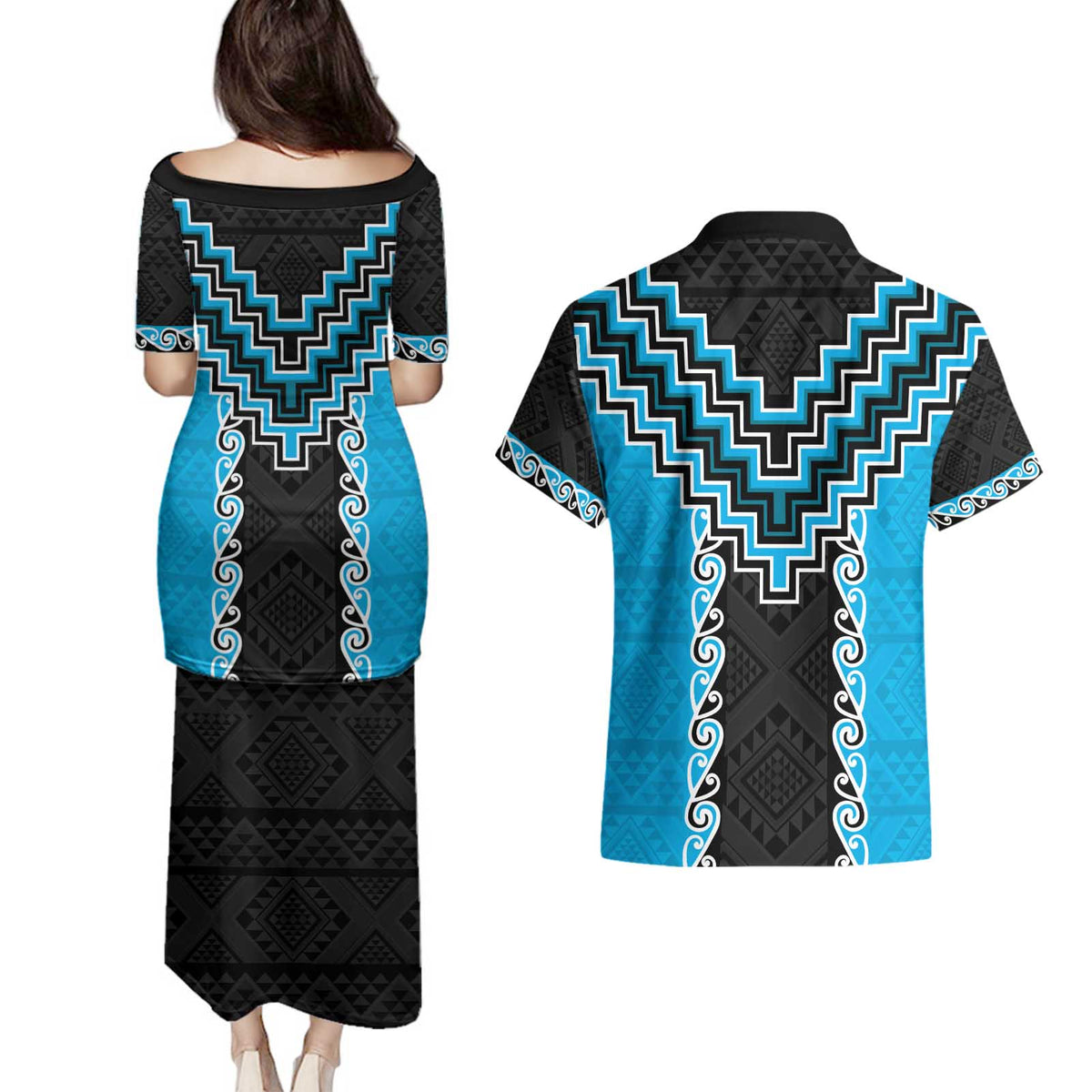 Sky Blue Niho Taniwha Mix Poutama Couples Matching Puletasi and Hawaiian Shirt Unique Taniko Aotearoa