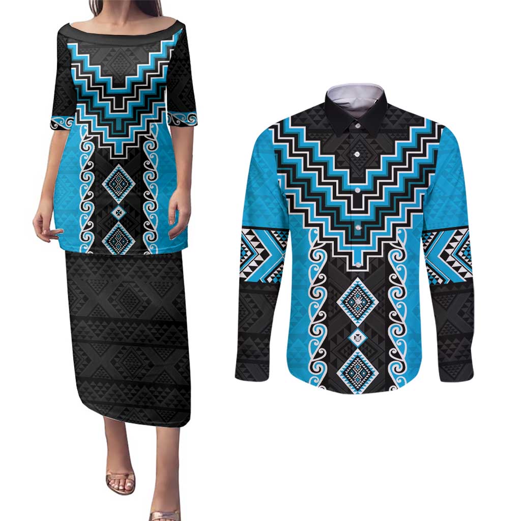 Sky Blue Niho Taniwha Mix Poutama Couples Matching Puletasi and Long Sleeve Button Shirt Unique Taniko Aotearoa