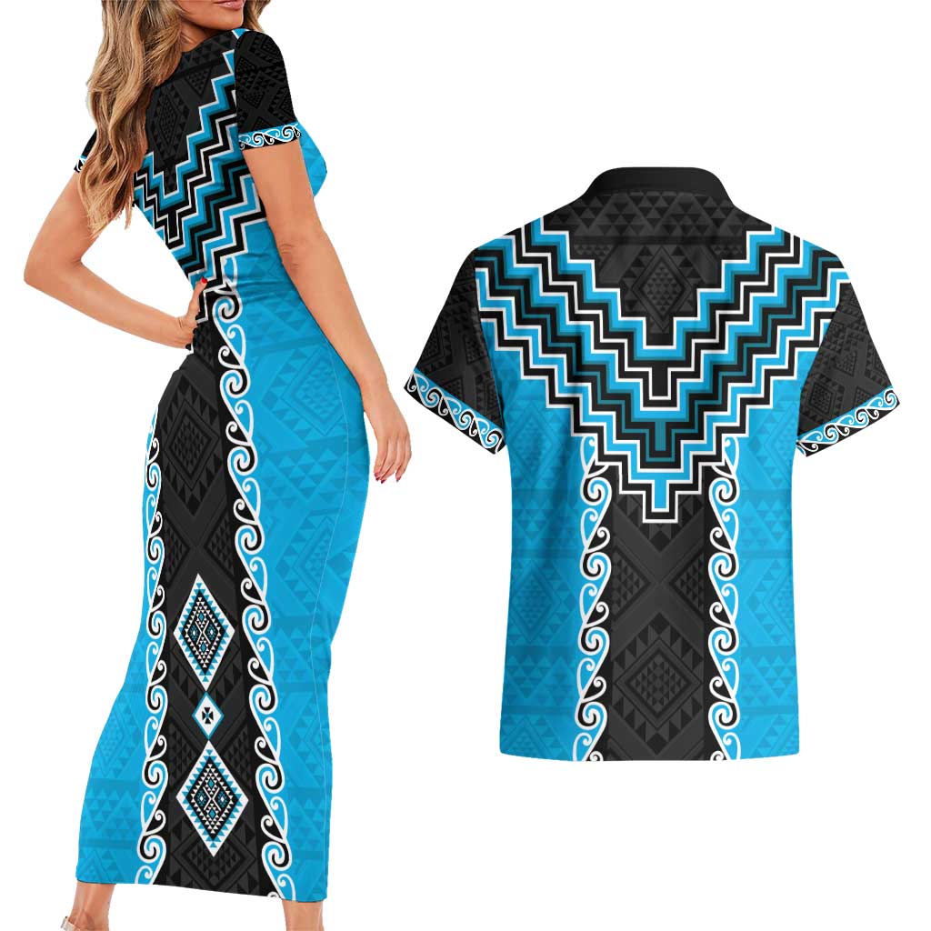 Sky Blue Niho Taniwha Mix Poutama Couples Matching Short Sleeve Bodycon Dress and Hawaiian Shirt Unique Taniko Aotearoa