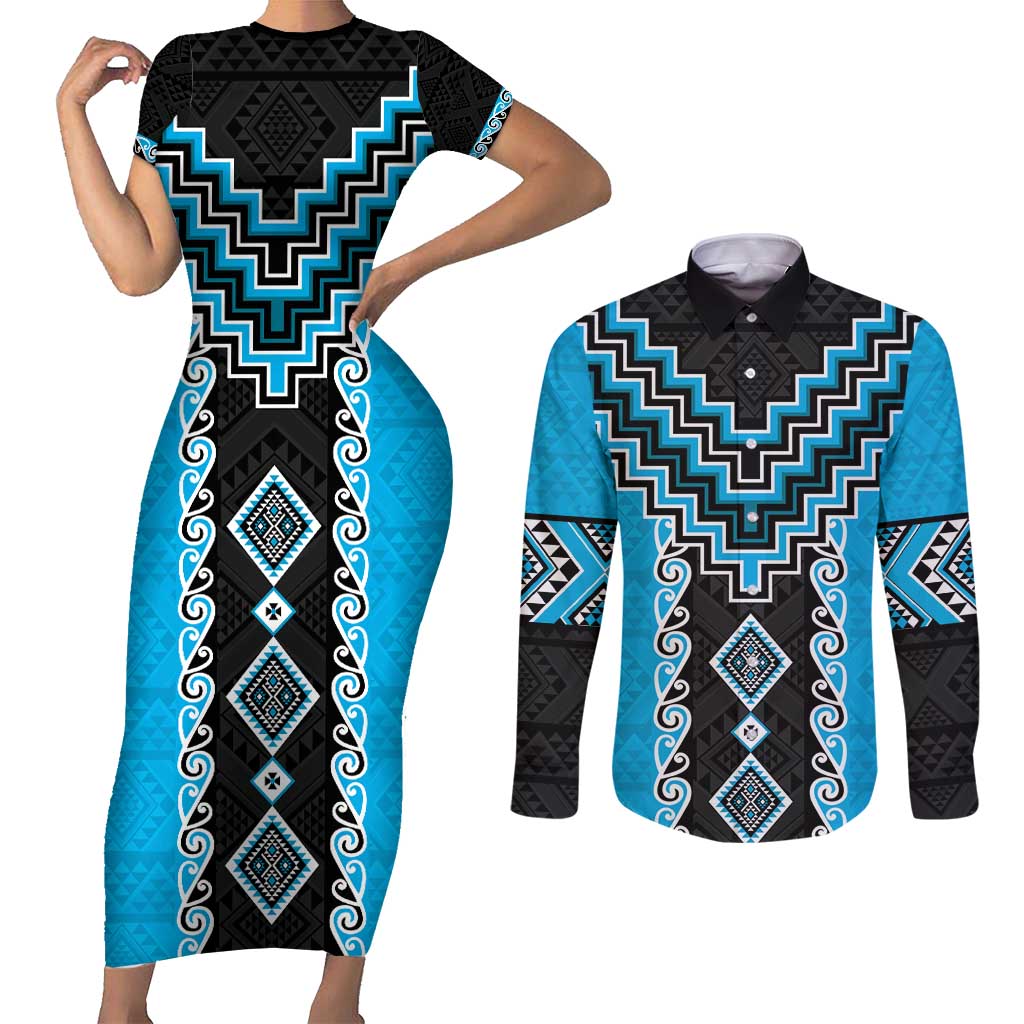 Sky Blue Niho Taniwha Mix Poutama Couples Matching Short Sleeve Bodycon Dress and Long Sleeve Button Shirt Unique Taniko Aotearoa