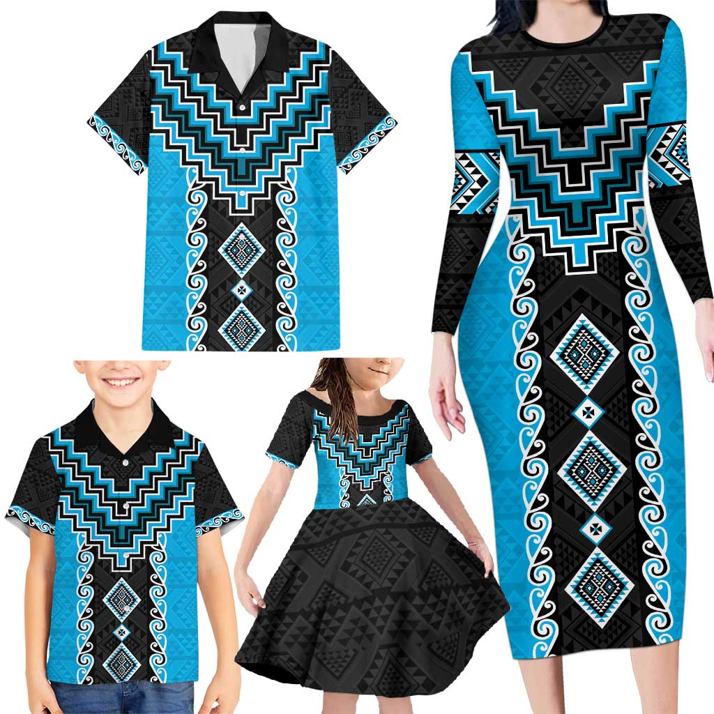 Sky Blue Niho Taniwha Mix Poutama Family Matching Long Sleeve Bodycon Dress and Hawaiian Shirt Unique Taniko Aotearoa LT01 - Polynesian Pride