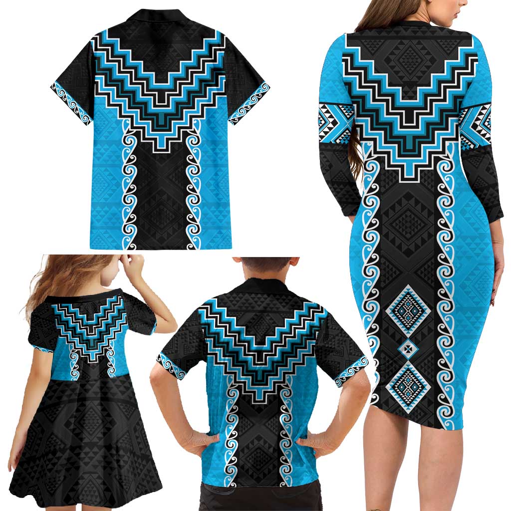 Sky Blue Niho Taniwha Mix Poutama Family Matching Long Sleeve Bodycon Dress and Hawaiian Shirt Unique Taniko Aotearoa LT01 - Polynesian Pride