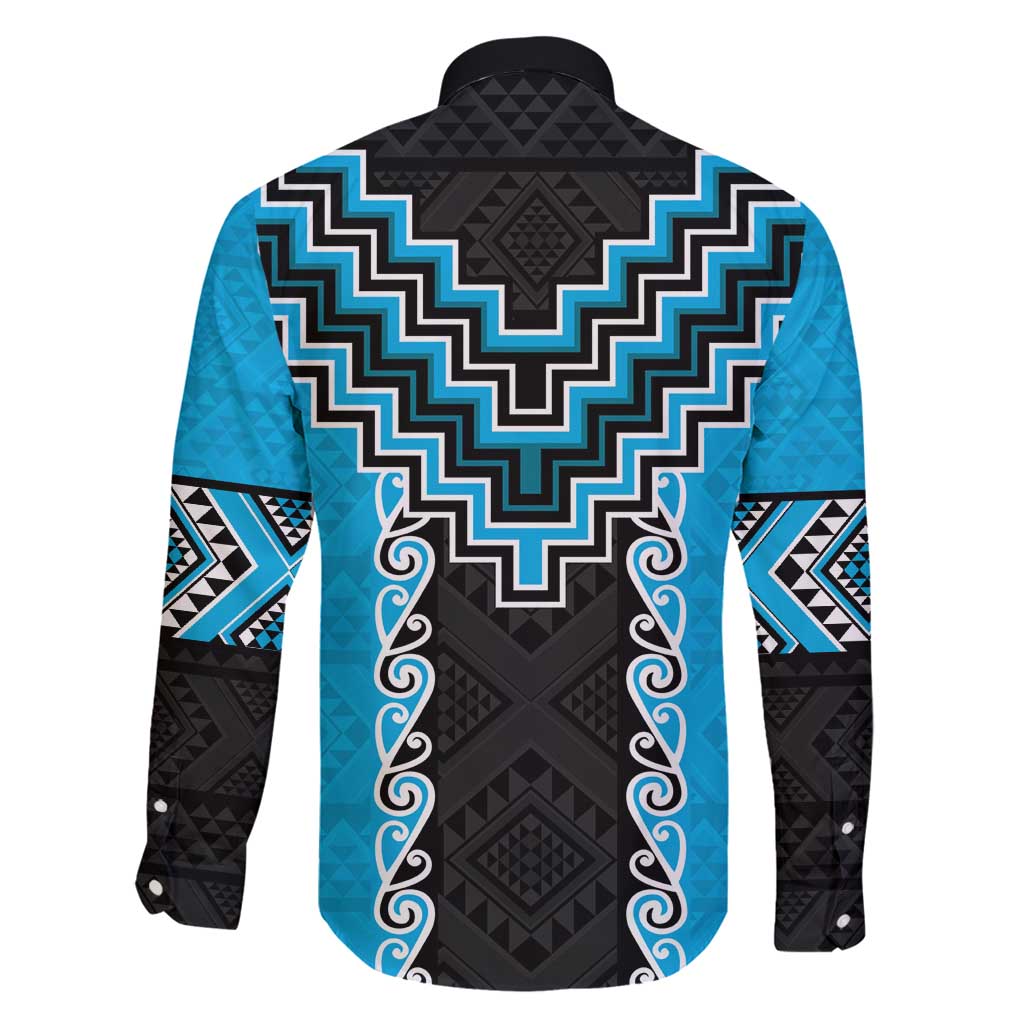 Sky Blue Niho Taniwha Mix Poutama Family Matching Long Sleeve Bodycon Dress and Hawaiian Shirt Unique Taniko Aotearoa LT01 - Polynesian Pride