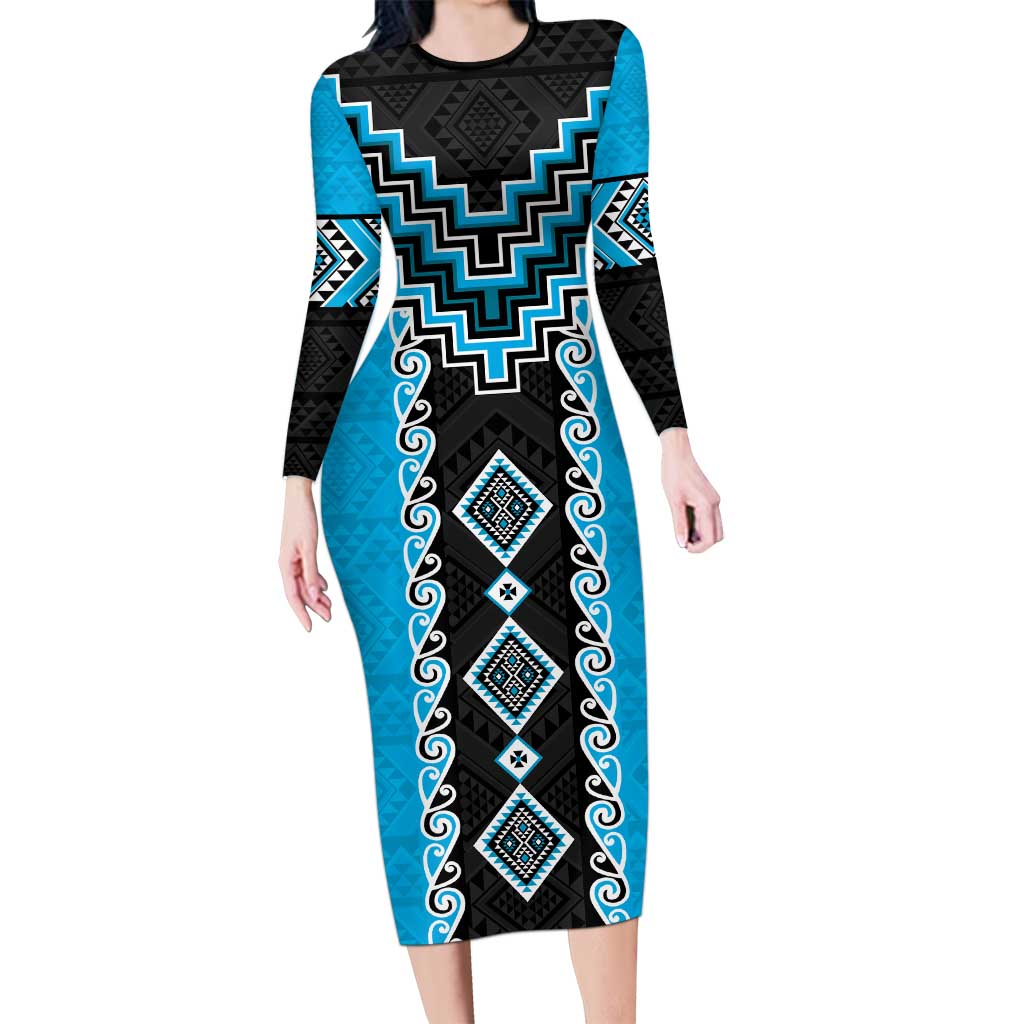 Sky Blue Niho Taniwha Mix Poutama Family Matching Long Sleeve Bodycon Dress and Hawaiian Shirt Unique Taniko Aotearoa LT01 Mom's Dress Sky Blue - Polynesian Pride