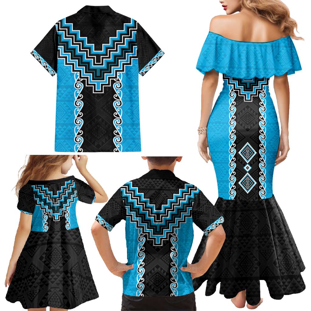 Sky Blue Niho Taniwha Mix Poutama Family Matching Mermaid Dress and Hawaiian Shirt Unique Taniko Aotearoa LT01 - Polynesian Pride