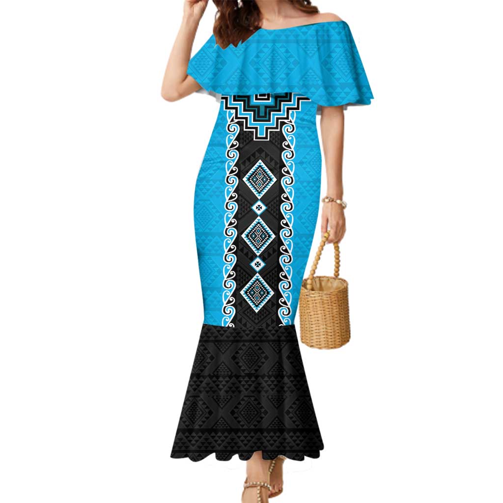 Sky Blue Niho Taniwha Mix Poutama Family Matching Mermaid Dress and Hawaiian Shirt Unique Taniko Aotearoa LT01 Mom's Dress Sky Blue - Polynesian Pride